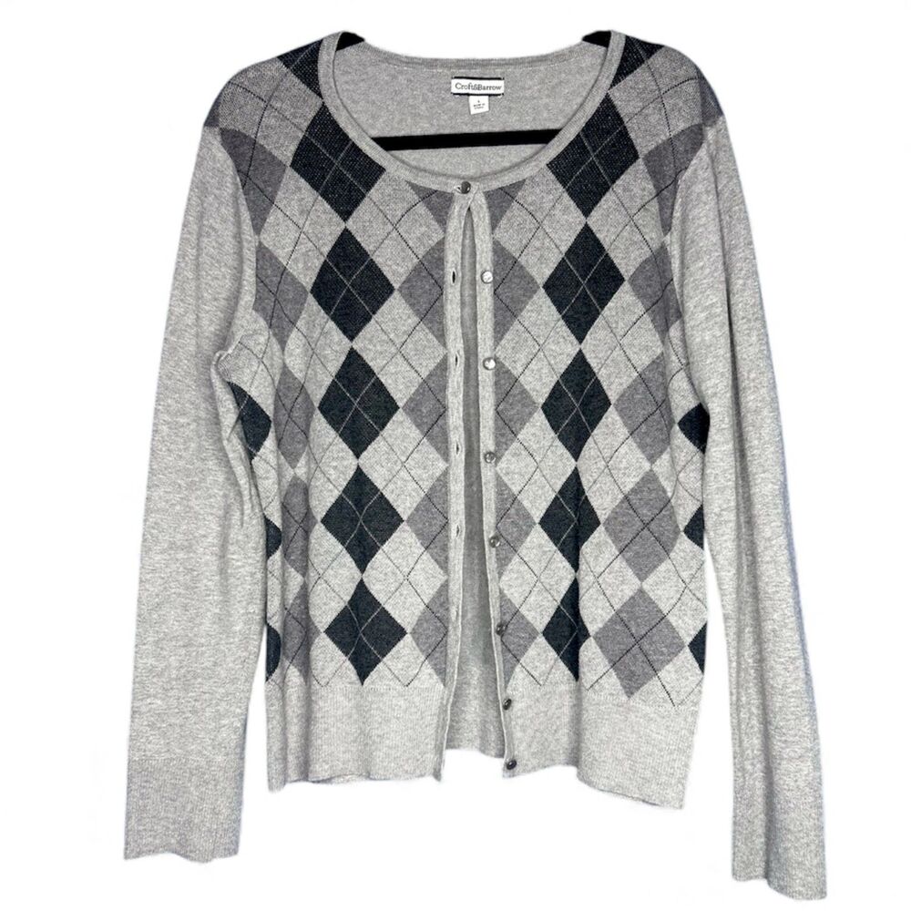 Women's Gray Argyle Long Sleeve Cardigan Sweater Twee Preppy Teacher Academia L
